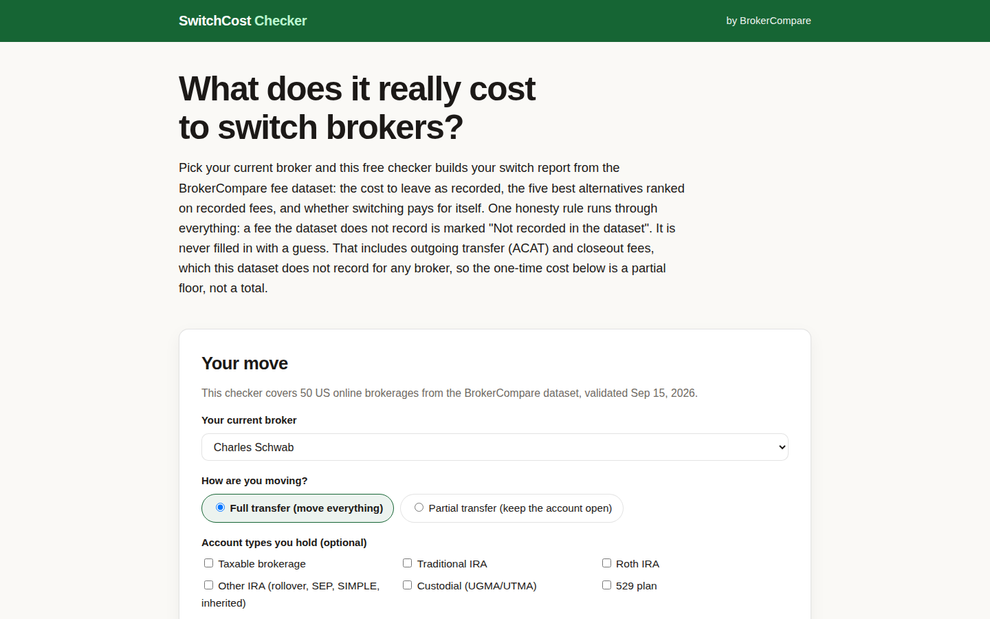 SwitchCost Checker main screen with current broker picker and transfer options
